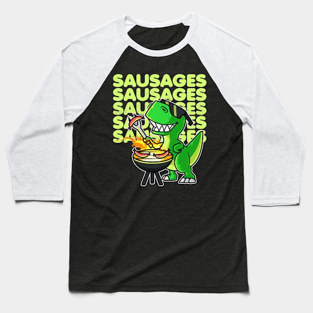 Cool Dinosaur Tyrannosaurus Cooking Sausages Barbecue BBQ design Baseball T-Shirt by theodoros20